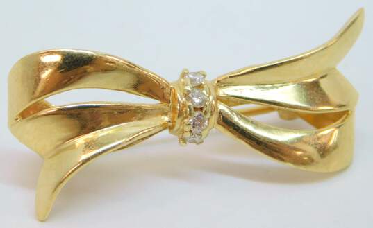 Elegant 14k Yellow Gold Diamond Accent Ribbon Brooch Pin 3.9g image number 2
