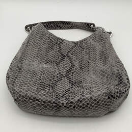 Womens Gray Python Snakeskin Print Leather Inner Divider Snap Hobo Bag