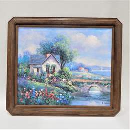 Artist H. Gailey Signed Oil Painting Floral Cottage & Stone Bridge Framed Art