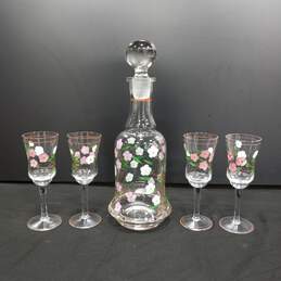 5PC Cordial Floral Pattern Clear Decanter & Glass Set