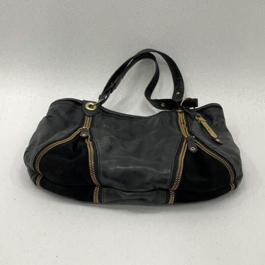 Womens Black Leather Inner Zip Pocket Double Handle Strap Shoulder Bag image number 3