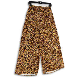 Womens Beige Black Leopard Print Elastic Waist Wide Leg Ankle Pants Size XS