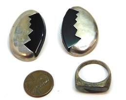 Taxco & Artisan 925 Modernist Faux Onyx Inlay Abstract Zig Zag Chunky Oval Clip On Earrings & Triangle Band Ring 28.7g alternative image