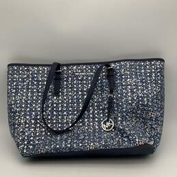 Womens Blue White Printed Double Handle Logo Charm Inner Pocket Tote Bag