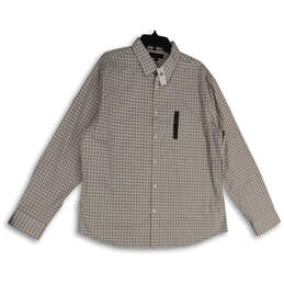 NWT Mens Tan White Plaid Spread Collar Long Sleeve Button-Up Shirt Size XL