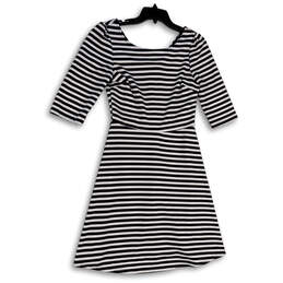 Womens Blue White Striped 3/4 Sleeve Boat Neck Fit and Flare Dress Size M