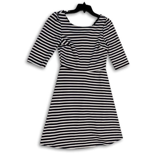 Womens Blue White Striped 3/4 Sleeve Boat Neck Fit and Flare Dress Size M image number 1