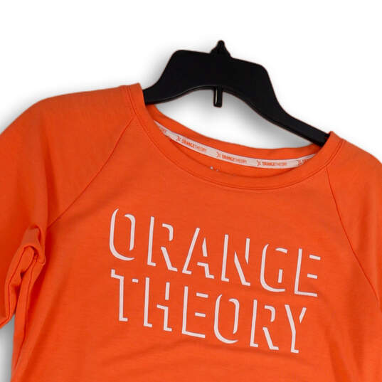 Buy the NWT Womens Orange Theory Spell Out Front Tie Pullover T Shirt Size  Small