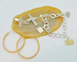 Milor & GK 925 & Vermeil Inspire Love Friend Charms Hammered Oval Linked Chain Bracelet & Hoop & X Post Earrings 28.4g alternative image