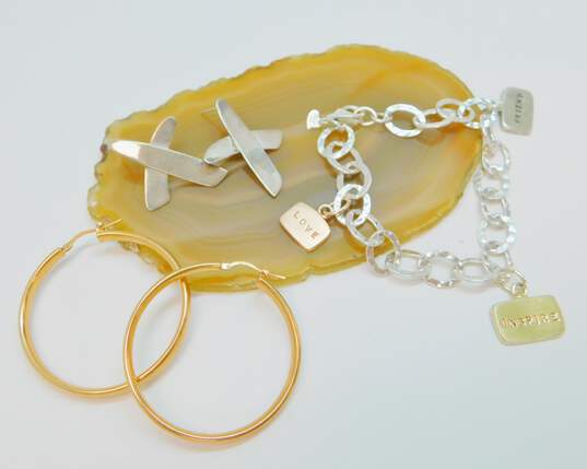 Milor & GK 925 & Vermeil Inspire Love Friend Charms Hammered Oval Linked Chain Bracelet & Hoop & X Post Earrings 28.4g image number 2
