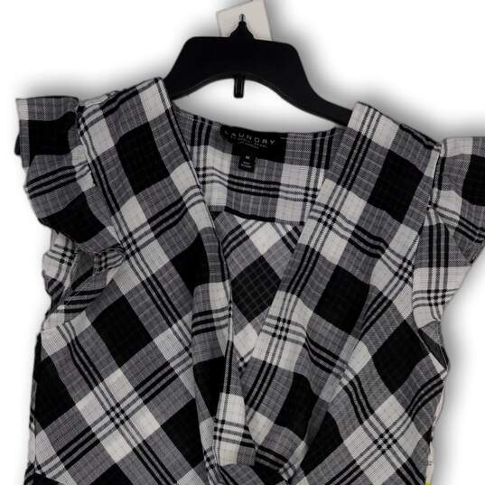 Womens White Black Plaid Front Knot Sleeveless Pullover Blouse Top Size M image number 3