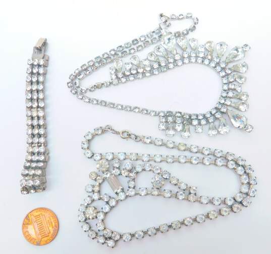 Vintage Silvertone Icy Clear Rhinestones Bib Necklaces & Chain Bracelet 53.5g image number 6