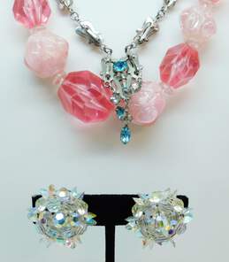 Vintage Icy Pink Blue Clear Aurora Borealis Rhinestone Clip-On Earrings & Necklaces 74.2g