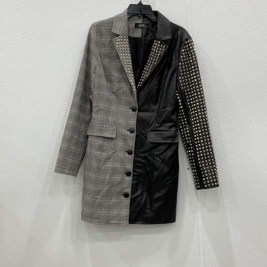 Womens Black Gray Abstract Pattern Pockets Button-Up Trench Coat Jacket Size L image number 1