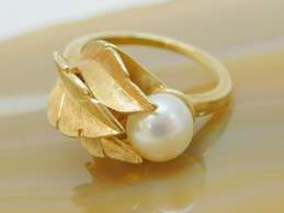 Vintage 14K Yellow Gold Cultured Pearl Leaf Ring 5.2g