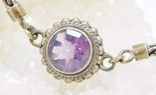 AT 925 Faceted Amethyst Granulated Circle Bali Style Charm Wheat Chain Bracelet 10.3g image number 4