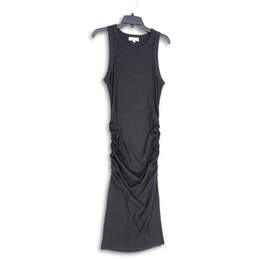 Womens Black Ruched Wide Strap Round Neck Midi Bodycon Dress Size Medium