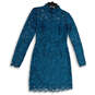 Womens Blue Floral Lace Long Sleeve Mock Neck Back Zip Sheath Dress Size 6 image number 4
