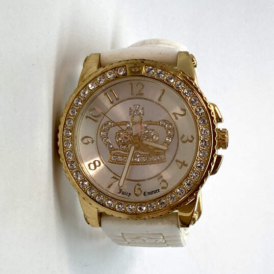 Designer Juicy Couture Pink Round Dial Clear Rhinestone Analog Wristwatch image number 1