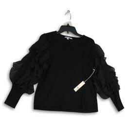 NWT Chico's Womens Black Ruffle Boat Neck Long Sleeve Pullover Sweater Size 1