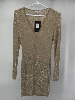 Womens Beige Long Sleeve V-Neck Embellished Mini Dress Size S W-0528921-A