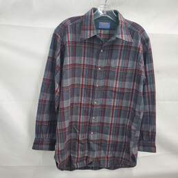 Pendleton Men's Gray Red Plaid Wool Flannel Button Up Long Sleeve Size M