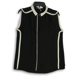 Halston Heritage Womens Black White Spread Collar Sleeveless Blouse Top Size M