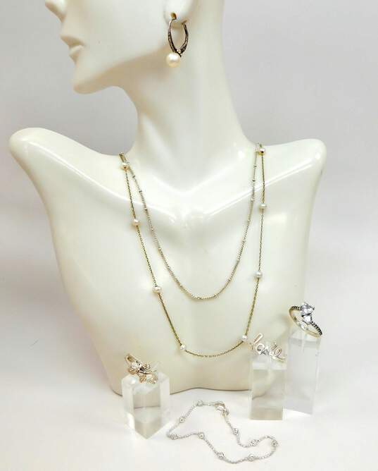 Romantic 925 Sterling Silver Pearl & Beaded Chain Necklaces & Bracelet Pearl CZ Hoop Earrings Love Rose & Heart CZ Rings 17.5g image number 1