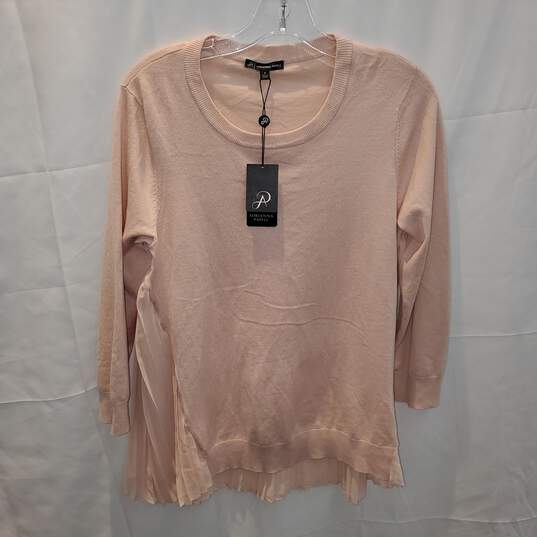 Adrianna Papell Pearl Blush Pleated Woven Back Sweater Women's Size S NWT image number 1