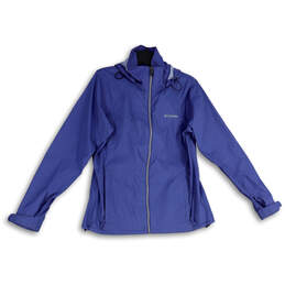 Womens Blue Long Sleeve Hooded Full-Zip Windbreaker Jacket Size Large