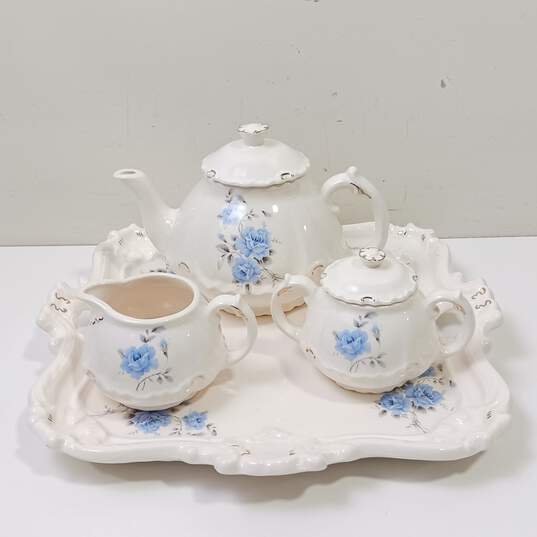 Unbranded Blue Rose White Ceramic Tea Service Set image number 1