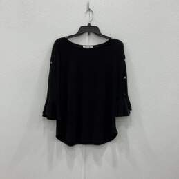 Womens Black Round Neck Quarter Sleeve Pullover Blouse Top Shirt Size M
