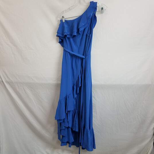Joie blue silk one shoulder ruffle tie waist midi dress M image number 1
