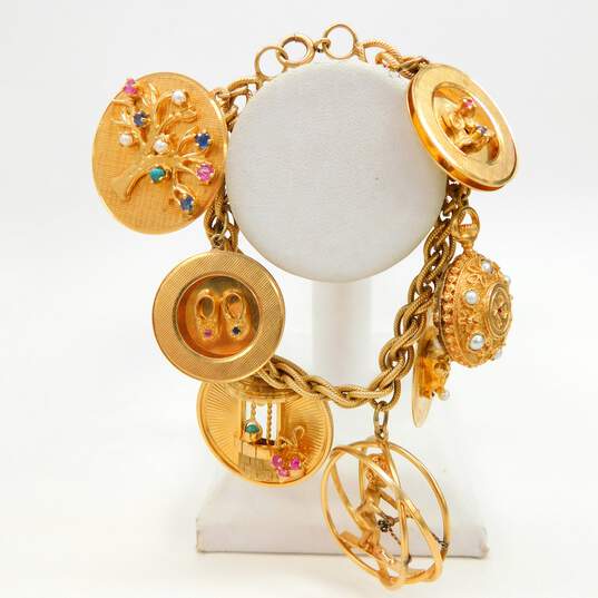 Vintage 14K Yellow Gold Ruby, Turquoise, Spinel & Pearl Sentimental Charm Bracelet 80.5g image number 2