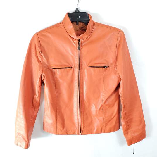 Standard Oil Women Orange Leather Jacket S image number 3