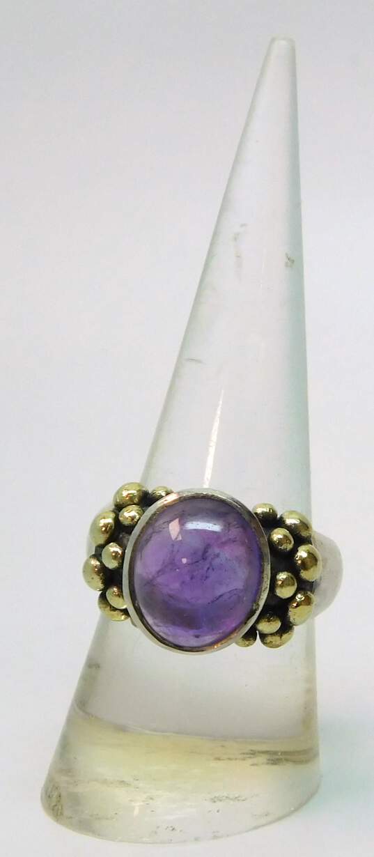 Artisan Two Tone Sterling Silver Amethyst Cabochon Dotted Ring 9.5g image number 1