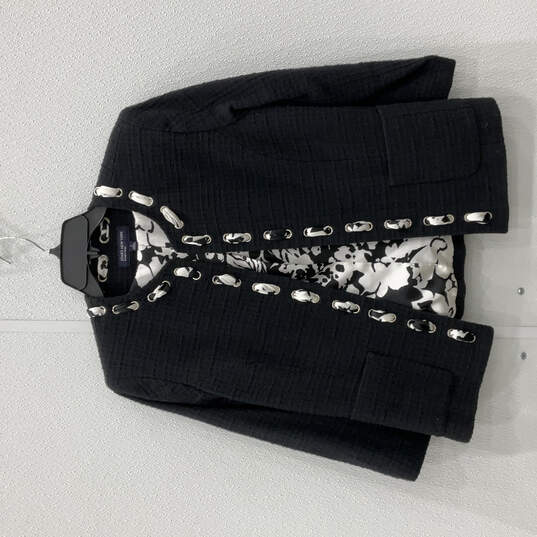 Womens Black 3/4 Sleeve Pockets Tweed Ribbon Detail Open Front Jacket Sz 6 image number 1
