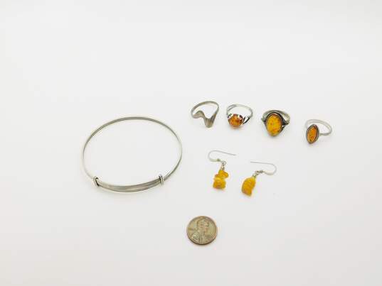 Artisan 925 Amber Circle Oval Marquise Cabochons & Wavy Band Rings Beaded Drop Earrings & 3 Lines Bangle Bracelet 23g image number 8