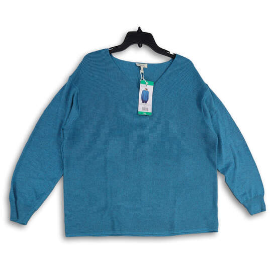 NWT Womens Blue KKnitted Long Sleeve V-Neck Pullover Sweater Size XL image number 1
