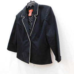 Oscar De La Renta Black Blazer with White Piping One Button Women's Jacket Size 10 alternative image