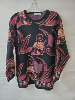 Camela Wool Sweater Floral Pattern Black & Red Size 36