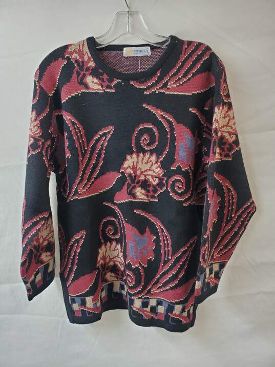 Camela Wool Sweater Floral Pattern Black & Red Size 36 image number 1
