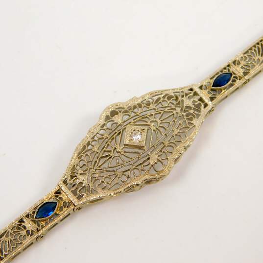 Antique Art Deco 14K White Gold 0.03 CT Diamond Blue Glass Filigree Bracelet 6.7g image number 7