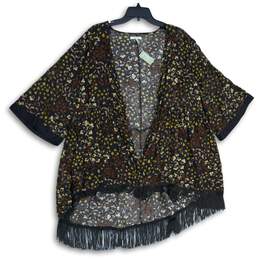 NWT Maurices Womens Black Floral Fringe Open Front Kimono Blouse Top Size XL