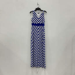 Womens Blue White Chevron Sleeveless V-Neck Pullover Maxi Dress Size M