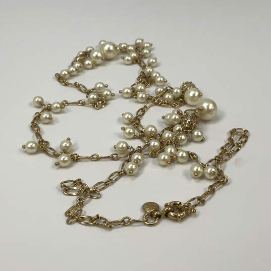 Designer J. Crew Gold-Tone White Triple Pearl Rhinestone Chain Necklace image number 3