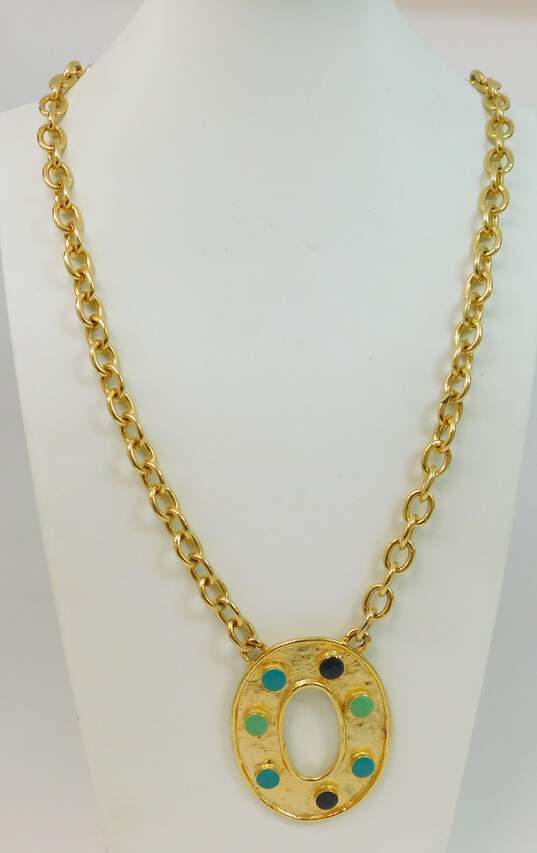 Vintage Maxine Denker Gold Tone & Blue Enamel Pendant Necklace 116.3g image number 1