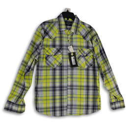 NWT Mens Blue Yellow Plaid Spread Collar Flap Pocket Button-Up Shirt Sz L