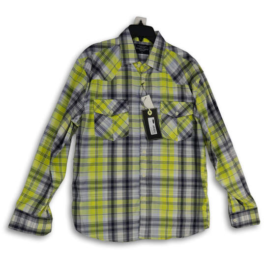 NWT Mens Blue Yellow Plaid Spread Collar Flap Pocket Button-Up Shirt Sz L image number 1