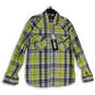 NWT Mens Blue Yellow Plaid Spread Collar Flap Pocket Button-Up Shirt Sz L image number 1